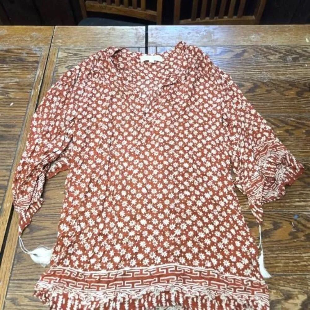 Natalie Martin red floral tassle boho Tunic blouse sz Small